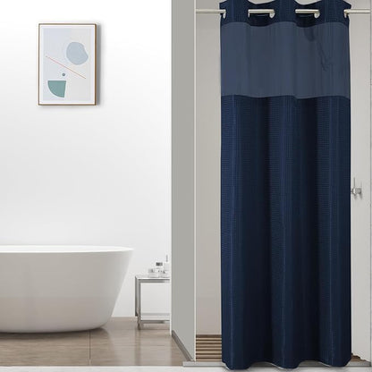 Colorful Star Navy Blue No Hook Waffle Shower Curtain Set, 36" W x 75" L | Waterproof Shower Curtain with Snap in Fabric Liner and Mesh Top Window, Hotel Style Heavy Duty Thick Bathroom Curtain