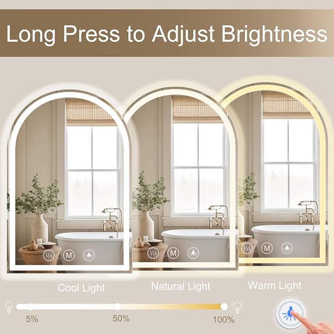 Arched LED Bathroom Mirrors with Lights 30"x40" Anti-Fog,LED Mirrors with Light, Anti-Fog, Dimmable, 3 Color, Shatterproof, Touch Sensor
