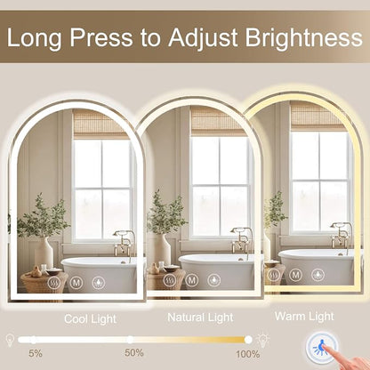 Arched LED Bathroom Mirrors with Lights 30"x40" Anti-Fog,LED Mirrors with Light, Anti-Fog, Dimmable, 3 Color, Shatterproof, Touch Sensor