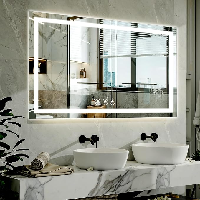 XRAMFY 40"X60"LED Bathroom Mirror, Backlit + Front Lit Wall Mirror | LED Bathroom Mirror with Lights for Wall, 3 Colors, Anti-Fog, Dimmable Brightness, Tempered Glass