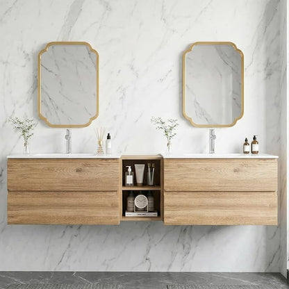 72"Modern Floating Double Sink Bathroom Vanity, Wall Mounted Bathroom Cabinet with U-Shaped Drawers, Beveled Invisible Handles Open Side Shelf, FSC Certified Wood Veneer (Wood color, 72 lnch)