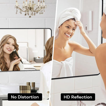Black Bathroom Mirror 30x40in, Metal Framed Rounded Rectangle Wall | Tempered Glass, Anti-Rust Frame, Hangs Horizontal or Vertical, HD Reflection Clarity