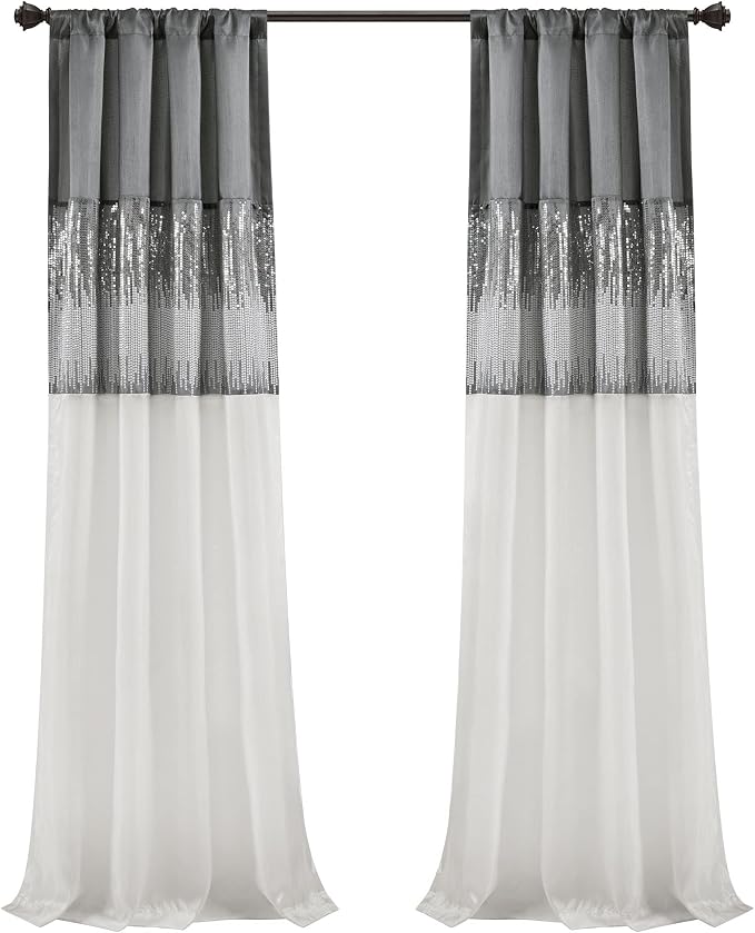 Lush Decor Night Sky Window Curtain Panel, Single, 42" W x 108" L, Gray & White - Sequin Curtains - Sparkle & Color Block Design - Modern Glam Decor - Extra Long Curtains For Bedroom & Living Room