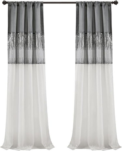 Lush Decor Night Sky Window Curtain Panel, Single, 42" W x 108" L, Gray & White - Sequin Curtains - Sparkle & Color Block Design - Modern Glam Decor - Extra Long Curtains For Bedroom & Living Room