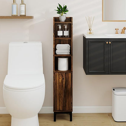 Small Bathroom Storage Cabinet, Corner Floor Cabinet with Door and Shelves, Narrow Toilet Paper Cabinet, Bathroom Organizer with Adjustable Shelf, for Small Spaces (Walnut, 5-Tier)