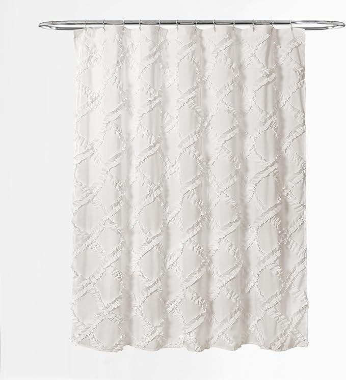 Lush Decor Ruffle Diamond Shower Curtain 72"L x 72"L White - Fabric Shower Curtains for Bathroom - White Bathroom Curtain - Vintage Farmhouse Decor