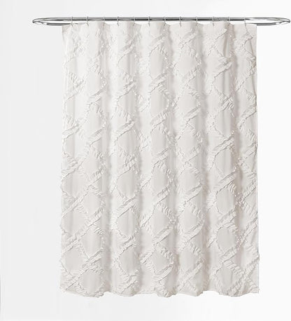 Lush Decor Ruffle Diamond Shower Curtain 72"L x 72"L White - Fabric Shower Curtains for Bathroom - White Bathroom Curtain - Vintage Farmhouse Decor