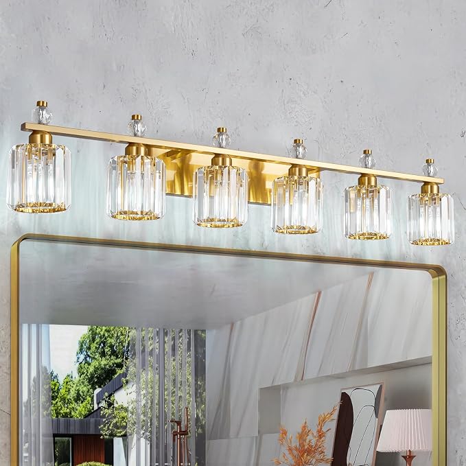 Bathroom Vanity Lights 6-Light Gold Modern Crystal Vanity Light Fixtures Over Mirror Crystal Bathroom Vanity Lighting Fixtures