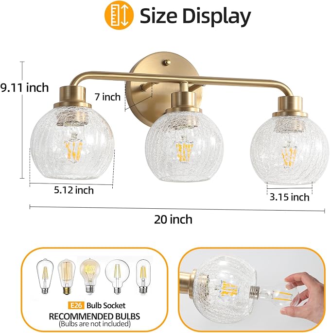 Bathroom Light Fixtures Gold Vanity Light 3 Light Brushed Brass | Wall Sconces Lighting with Crackle Globe Glass Shades Bath Wall Lamp for Mirror Kitchen Living Room Bedroom Hallway
