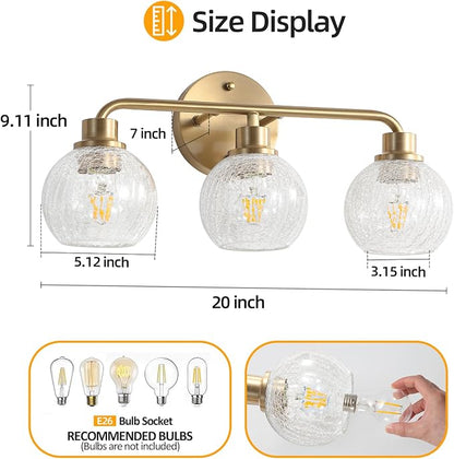 Bathroom Light Fixtures Gold Vanity Light 3 Light Brushed Brass | Wall Sconces Lighting with Crackle Globe Glass Shades Bath Wall Lamp for Mirror Kitchen Living Room Bedroom Hallway