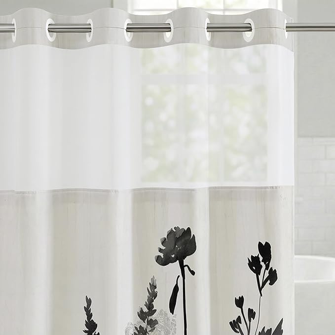 Americanflat 72x75 Hookless Shower Curtain - Water-Resistant Floral Shower Curtain with Sheer Panel, Snap-in Liner, and Grommets - 100% Polyester - Botanical Bathroom Curtains - Black, Pink and White