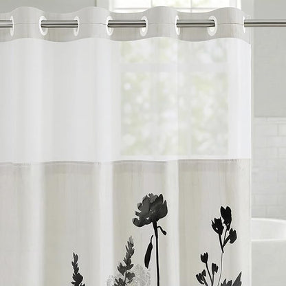 Americanflat 72x75 Hookless Shower Curtain - Water-Resistant Floral Shower Curtain with Sheer Panel, Snap-in Liner, and Grommets - 100% Polyester - Botanical Bathroom Curtains - Black, Pink and White