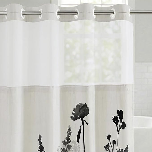 Americanflat 72x75 Hookless Shower Curtain - Water-Resistant Floral Shower Curtain with Sheer Panel, Snap-in Liner, and Grommets - 100% Polyester - Botanical Bathroom Curtains - Black, Pink and White