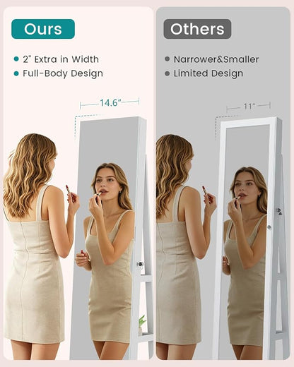 Vlsrka 360° Swivel Mirror Jewelry Cabinet, Lockable Jewelry Armoire, White | Standing Jewelry Cabinet with Lights, Framelss Mirror with Storage, Foldable Makeup Shelf, Interior Mirror, Gift for Women