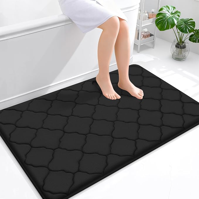 OLANLY Memory Foam Bath Mat Rug 47x32, Ultra Soft and Absorbent Bathroom Rugs, Non-Slip, Comfortable, Machine Washable Bath Carpet for Bathroom Floor, Tub, Shower and Home Decor Accessories, Black