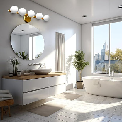 Lightdot 5 Light Bathroom Vanity Light, 31" Modern Gold Vanity Lights with Globe Water/Shatterproof PC Lampshade, Rust-Proof Bathroom Light Fixtures Over Mirror for Kitchen Hallway Cabinet Porch