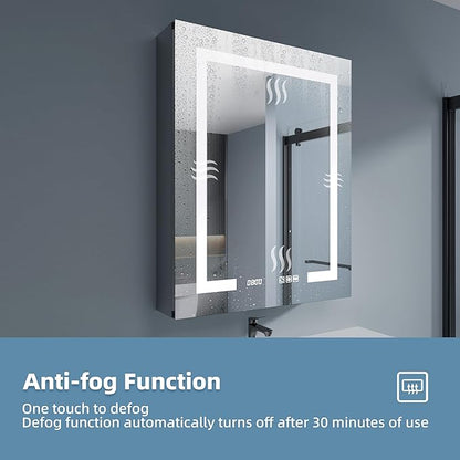 Medicine Cabinet with Lights 24x30 Anti-Fog Mirror Dimmable | 3 Color Dimmable LED. Time Temp Display. Anti-Fog IP44. 2 Outlets+2 USB. Plug-in/Hardwired. Recessed/Wall Mount. Left Hinge.