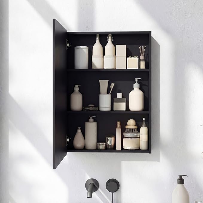Panana Bathroom Cabinet Medicine Cabinets with Single Mirrored Door Wall Mounted Cabinet with Mirror, Storage Shelf with Adjustable Shelves Storage Organizer Kitchen Cupboard (Black, 19.7x27.6 inch)
