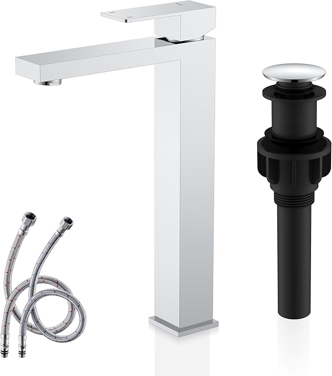 KENES Chrome Bowl Vessel Sink Facuet Single Handle Tall Bathroom Sink Faucet Bathroom Vanity Faucet Basin Mixer Tap with Water Supply Lines and Pop Up Sink Drain, LJ-9031A-5