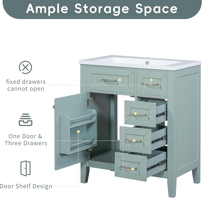 30 Inch Bathroom Vanities with Undermount Ceramic Sink, Storage Cabinet with Soft Closing Doors, Three Drawers and Organizer Rack Shelf, Solid Wood Frame, Green