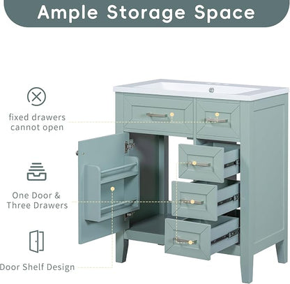 30 Inch Bathroom Vanities with Undermount Ceramic Sink, Storage Cabinet with Soft Closing Doors, Three Drawers and Organizer Rack Shelf, Solid Wood Frame, Green