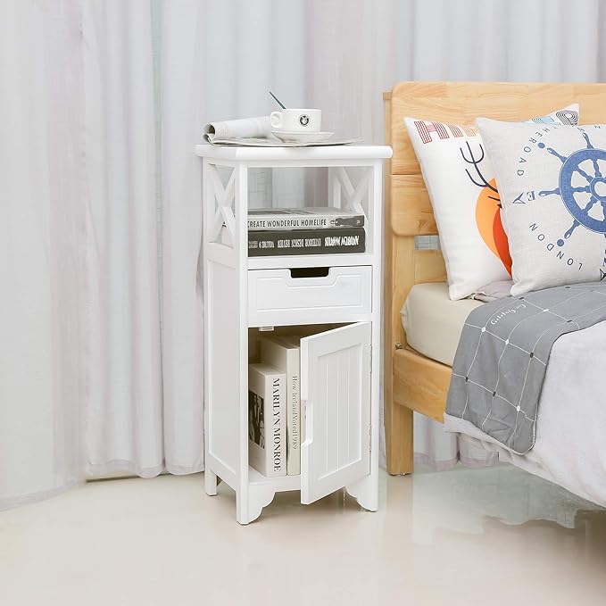 End Table with Drawer and Doors(Fully Assembled), 30" Height Floor Standing Storage Cabinet with Shelf for Bathroom, Solid Wood Side Table/Nightstand/Side Cabinet for Bedroom -White