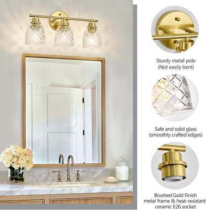 3-Light Bathroom Light Fixtures, Brushed Gold Vanity Lights Over Mirror | Modern Farmhouse Wall Sconces with Hammered Glass Lampshade for Kitchen Hallway Bedroom Living Room Cabinet Porch-18.1IN