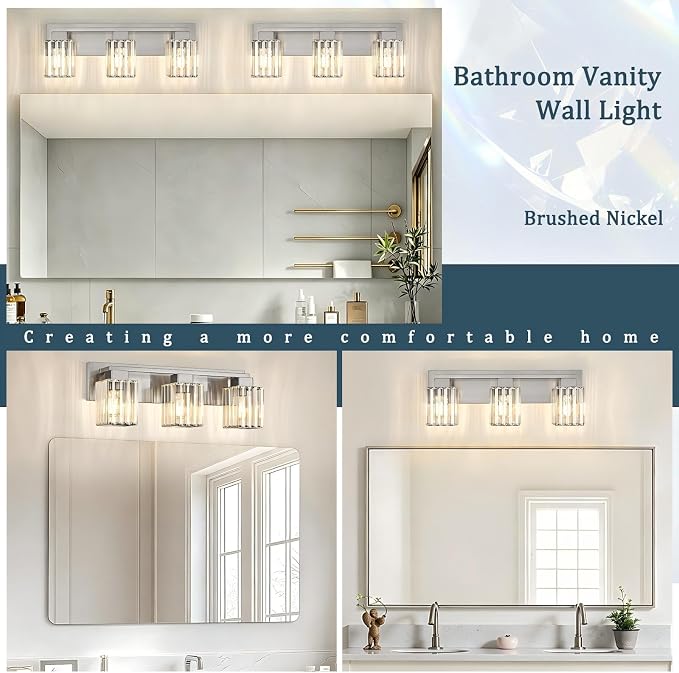 Brushed Nickel Bathroom Light Fixtures, 3-Light Vanity Light Over Mirror | Wall Sconces with Square Crystal Shades, E26 Socket, Modern Vanity Lights for Bathroom (Bulbs Not Included)