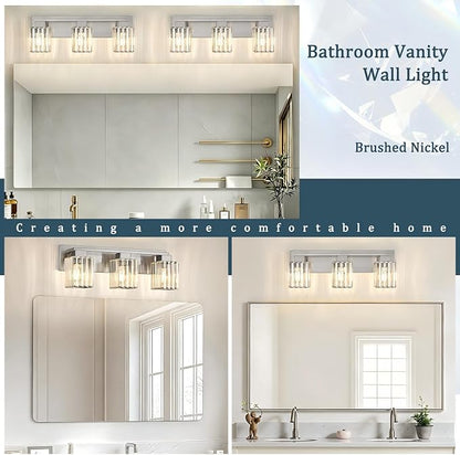 Brushed Nickel Bathroom Light Fixtures, 3-Light Vanity Light Over Mirror | Wall Sconces with Square Crystal Shades, E26 Socket, Modern Vanity Lights for Bathroom (Bulbs Not Included)