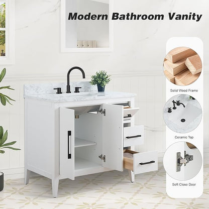 HomeBeyond 36 Inch Bathroom Vanity with Sink & Ceramic Top, Single Vanity Cabinet with Basin, Soft-Closing Doors & Matte Black Hardware, White