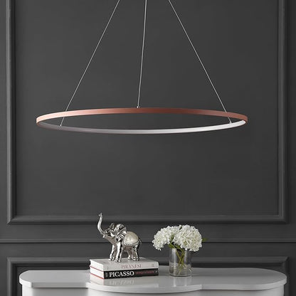 JONATHAN Y 35" Matte Pink Modern Integrated LED Pendant Light, Dimmable Round Hoop Chandelier for Kitchen Island, Dining Room, Adjustable Height Metal Hanging Light (JYL7220B)