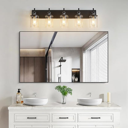 5-Light Black Bathroom Light Fixture Over Mirror Modern Farmhouse Bathroom Vanity Light Vintage Wall Lighting with Clear Glass Shade for Bathroom, Bedroom, Hallway, Cabinet