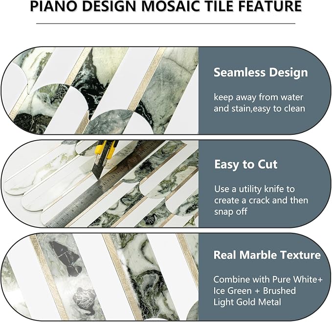 Vamos Tile Peel and Stick Backsplash Seamless Tile,Fish Scale,Glossy,10 pcs | Stick on Backsplash for Kitchen & Bathroom, White+Ice Green Marble+Light Gold PVC Self Adhesive Mosaic Tiles 11.9''x10.8''