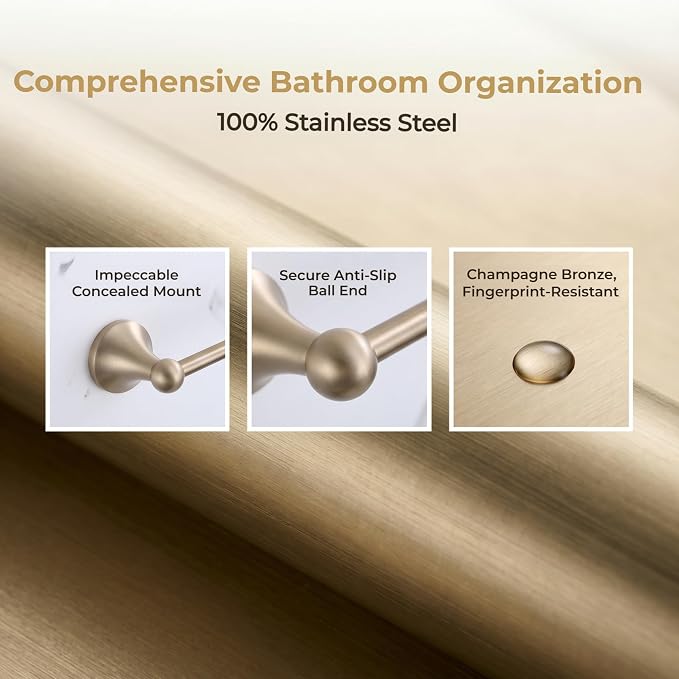 4 Piece Gold Bathroom Hardware Set - Brushed Gold Bathroom Accessories, 23.6 Inch Towel Bar | Towel Hook | Toilet Paper Holder | Hand Towel Holder (Champagne Bronze)