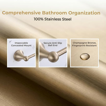 4 Piece Gold Bathroom Hardware Set - Brushed Gold Bathroom Accessories, 23.6 Inch Towel Bar | Towel Hook | Toilet Paper Holder | Hand Towel Holder (Champagne Bronze)