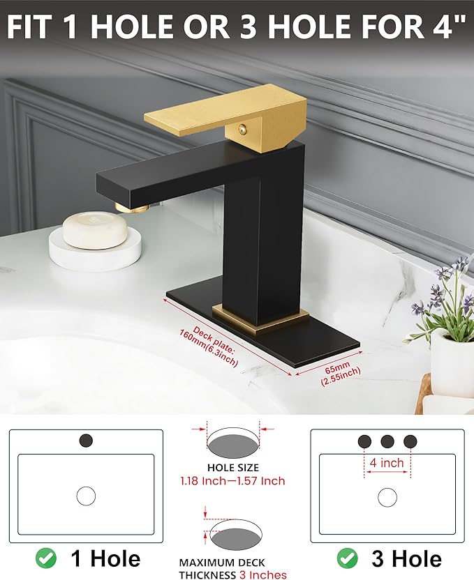 Midanya Bathroom Faucets 1 Hole, Single Handle Stainless Steel Bathroom Sink Faucet, Modern Vanity Faucets with Deck Plate,Water Supply Hoses and Pop Up Drain,Matte Black and Brushed Gold Handle