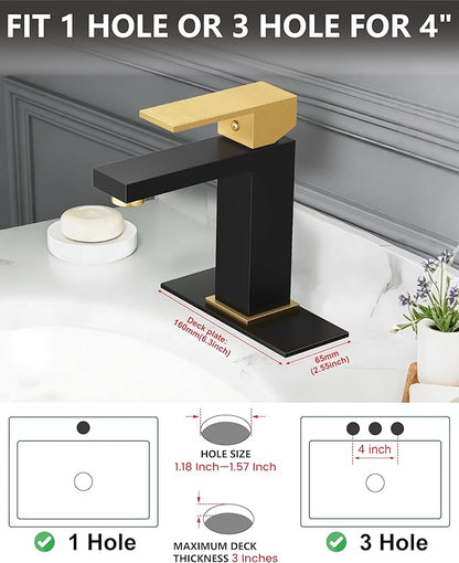 Midanya Bathroom Faucets 1 Hole, Single Handle Stainless Steel Bathroom Sink Faucet, Modern Vanity Faucets with Deck Plate,Water Supply Hoses and Pop Up Drain,Matte Black and Brushed Gold Handle