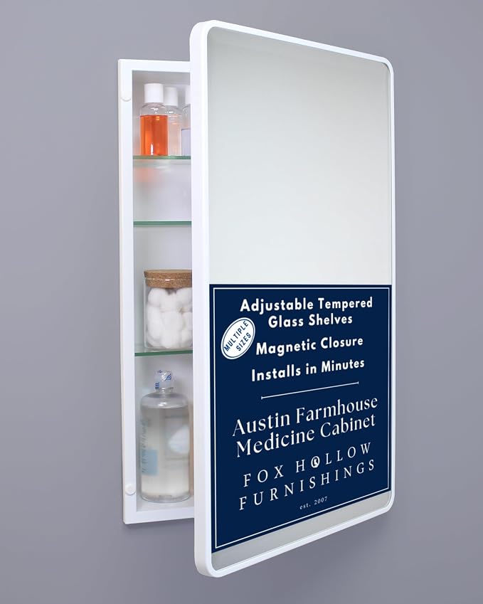 16x26 Austin Farmhouse Metal Framed Rounded Rectangle Recessed Bathroom Medicine Cabinet, Beveled Mirror, 14x24 in-Wall Opening, powder-coated Steel, Adjustable Glass Shelves, Magnet Close, White