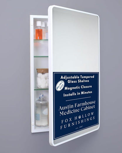 16x26 Austin Farmhouse Metal Framed Rounded Rectangle Recessed Bathroom Medicine Cabinet, Beveled Mirror, 14x24 in-Wall Opening, powder-coated Steel, Adjustable Glass Shelves, Magnet Close, White