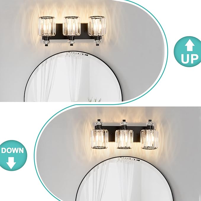 Black Bathroom Light Fixtures with K9 Crystal Lampshade Bathroom Lighting Over Mirror Vanity Lights for Living Room,Bedroom,Restroom,Hallway 3 Lights