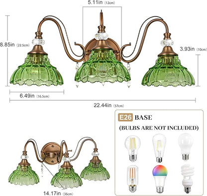 Vintage Bathroom Vanity Light, 3-Light Matte Antique Brass Finish Wall Sconce with Hanging Crystal Accents and Flower-Shaped Green Glass Shades, Retro Wall Mount Vanity Light Over Mirror for Bathroom