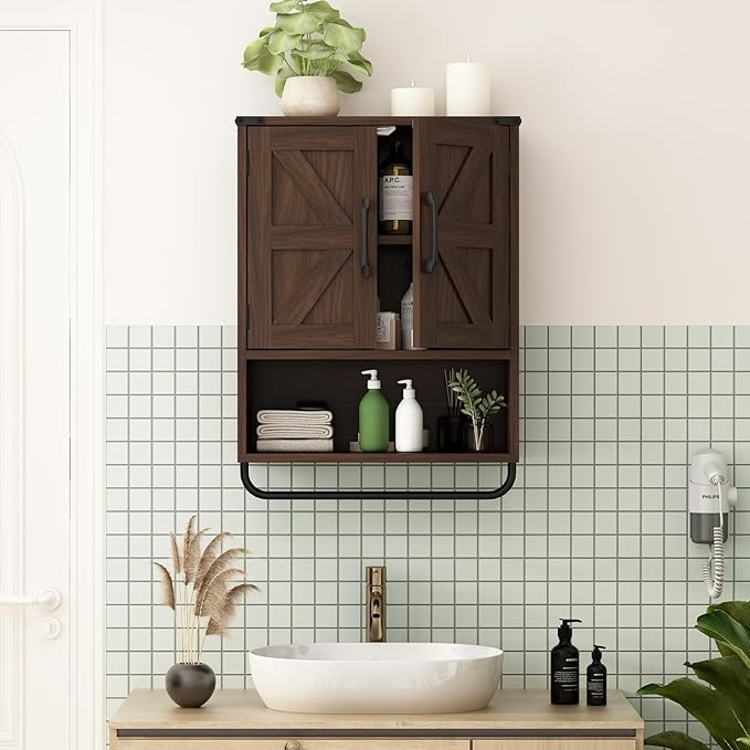 RUSTOWN Farmhouse Wall Storage Cabinet with Two Barn Door, Rustic Mounted Medicine Cabinet with Adjustable Shelf and Towel Bar, 3-Tier Wood Cabinet for Kitchen, Bathroom, Living Room (Dark Walnut)