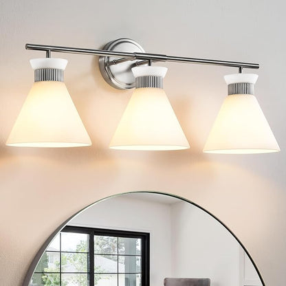 WOSHITU Nickel Bathroom Vanity Light Fixtures: Vanity Lighting Fixtures Over Mirror 23.4 inch with Milky White Frosted Glass, 3-Lights Vanity Light Above Mirror Bathroom Wall Light(Exclude Bulb)