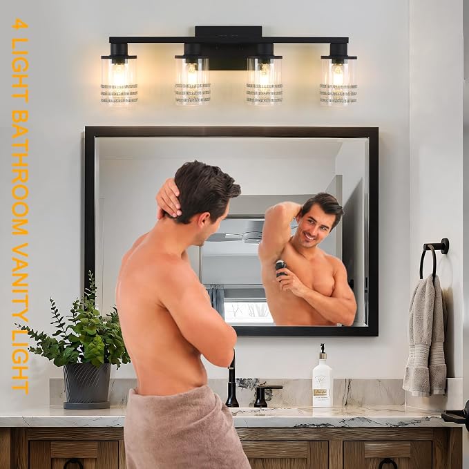 YYT 4 Light Bathroom Light Fixtures Black Vanity Lights for Bathroom Vanity Light Matte Black 4 Light with Clear Glass Shades