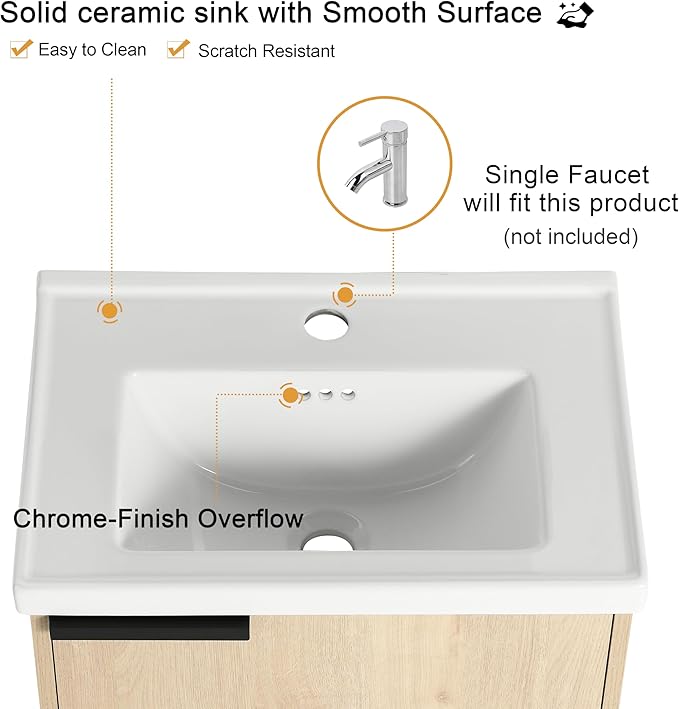 Malwee 20" Floating Bathroom Vanity with Sink, 20 Inch Single Sink Wall Mounted Bathroom Vanity, with 1 Door and White Ceramic Basin Top for Small Space, Plywood(066-20MA)