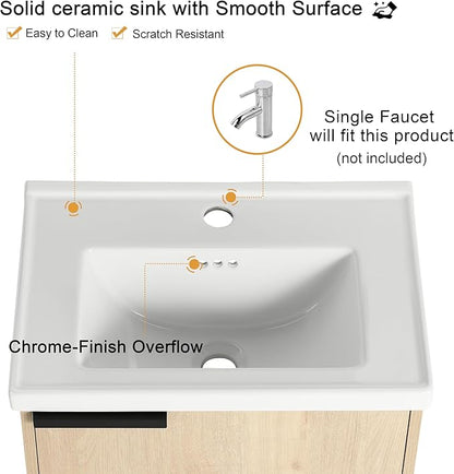 Malwee 20" Floating Bathroom Vanity with Sink, 20 Inch Single Sink Wall Mounted Bathroom Vanity, with 1 Door and White Ceramic Basin Top for Small Space, Plywood(066-20MA)