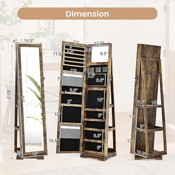 GOFLAME 360° Rotating Jewelry Armoire, Lockable Jewelry Cabinet with Full-Length Mirror & Inner Makeup Mirror, Standing Jewelry Storage Organizer with Rear Storage Shelves, Rustic Brown