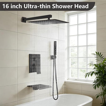 Midanya Shower System with Tub Spout,16 Inch Shower Head,Oil Rubbed Bronze | with Valve & Trim Kit,Square Rain Head,Handheld Sprayer,Waterfall Spout,All Metal Wall Mount Bathroom Shower Tub Faucet Set