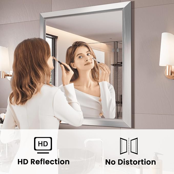 Bathroom Mirror for Wall, 28x32 Inch (Brushed Silver) | HD Reflection, Tempered Glass, Thick Metal Framed Rectangle Mirrors for Over Sink, Bedroom, Living Room, Entryway, Anti-Rust.