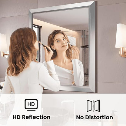 Bathroom Mirror for Wall, 28x32 Inch (Brushed Silver) | HD Reflection, Tempered Glass, Thick Metal Framed Rectangle Mirrors for Over Sink, Bedroom, Living Room, Entryway, Anti-Rust.